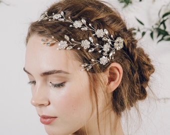 Silver crystal bridal browband hair vine, Silver boho flower wedding hair vine, bohemian floral headband hair vine - Blanche