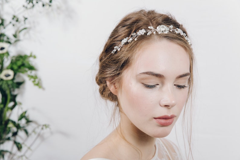 Silver crystal flower and pearl tiara hair vine Estelle image 1