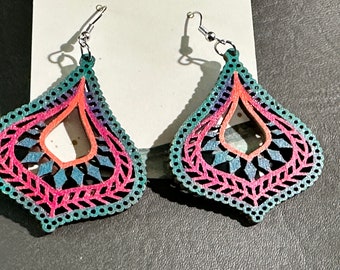 Laser-Cut Wood Earrings, Hand-Painted Jewel Tone Boho Jewelry