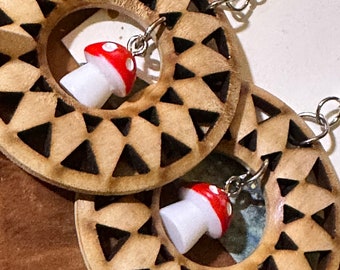 Laser-cut Wood Design, Handmade Earrings. BEAUTIFUL, Unique Boho-style jewelry. Magic Mushrooms. Lightweight.