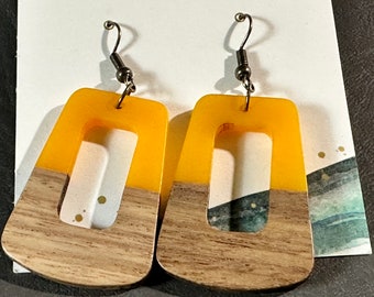 Wood and Resin Dangle Oblong Earrings Amber Yellow and Wooden Combo