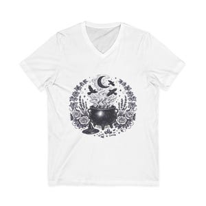 V Neck T-shirt Cauldron Moon Phase Top Occult Witchcraft Gothic Illustration Botanical Herbal Mystical Clothing PaganPratical Magic