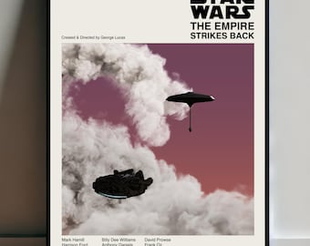 May include: A black and white poster with the title "Star Wars: The Empire Strikes Back" and the year 1980. The poster features a pink and white cloudy sky with a spaceship flying through the clouds.