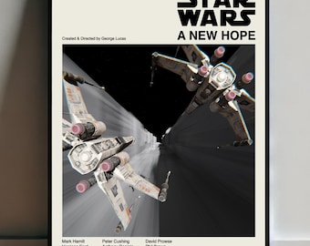 May include: A black and white poster for the movie Star Wars: A New Hope. The poster features a scene from the movie with two X-wing starfighters flying through space. The text "Star Wars: A New Hope" is printed in white letters on a black background. The year 1977 is printed in the top left corner of the poster.
