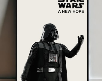 May include: A black and white poster featuring Darth Vader from the movie Star Wars: A New Hope. The poster has the text "1977" and "Star Wars: A New Hope" on it.