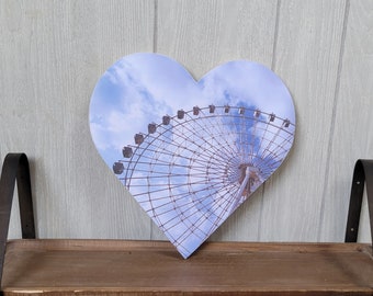 12" Ferris Wheel Decoupage Wood Heart. Ferris Wheel Wall Art. Amusement Park Wall Hanging.