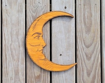 14" Retro Man in the Moon Painted Sign. Wooden Moon. Crescent Moon. Nursery Decor. Celestial Moon Wall Art. Witch Decor. Boho Moon Wall Art.