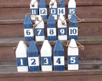 Set of 15 Table Number Buoys. 10" Navy and White Wood Nautical Wedding Table Numbers. Beach Wedding. Coastal Wedding. Wedding Table Decor.