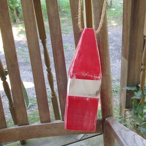 Distressed Red & White Wood Buoy: Nautical Beach Decor (12 inch)
