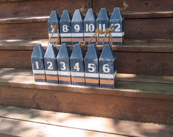 10" Nautical Wood Wedding Table Numbers. 12 Lobster Float Buoy Table Numbers. Rustic Copper and Navy Wedding Table Centerpiece Set.