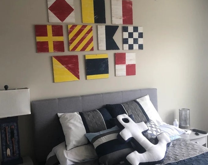 Handmade Nautical Signal Flag Wall Art: Reclaimed Wood Lake Decor