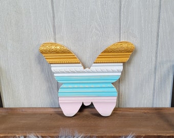 8" Boho Gold, Light Pink, and Light Blue Reclaimed Wood Butterfly Wall Hanging. Rustic Butterfly Shelf Sitter
