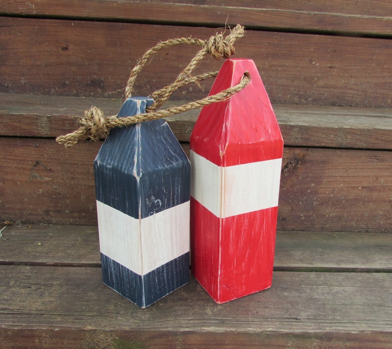 Handmade Lobster Buoy Set. Red and Navy Wooden Buoys. Nautical home Decor. Nautical Nursery Decor. Rustic Nautical Accents. Coastal Accents image 1