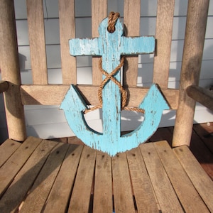 Distressed Turquoise Wood Anchor: Coastal Nautical Decor (12 inch)