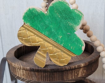 5" Chunky Wood Shamrock. Green and Gold Reclaimed Wood Saint Patrick's Day Decor. Tiered Tray Shamrock Decor.