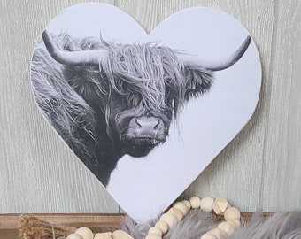 10" Highland Cow Wood Heart Wall Art. Farmhouse Home Decor. black and White Cow Print Wall Decor.