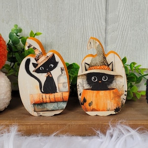 May include: Wooden pumpkin-shaped decorations featuring black cats wearing witch hats. One cat sits atop books, the other inside a pumpkin. An orange and white pom-pom pumpkin and a black knitted pumpkin are also present.