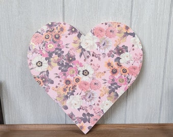 12" Pink and Gold Flower Decoupage Wood Heart. Farmhouse Wall Hanging. Floral Heart Shelf Sitter