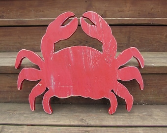 Painted Wood Crab Wall Art: 21" Red Distressed Nautical Decor