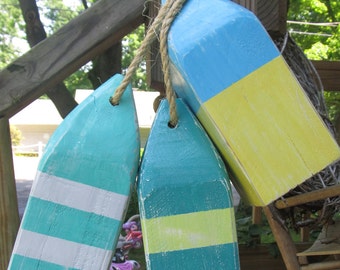 Wooden Buoy Set of 3: Coastal Beach House Decor (10-inch)