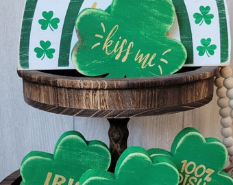 5-inch Wood Shamrock  St Patrick's Day Tiered Tray Decor. Lucky 3 Leaf Clover Shelf Sitter Signs.  Green and Gold Irish Decoration Gifts