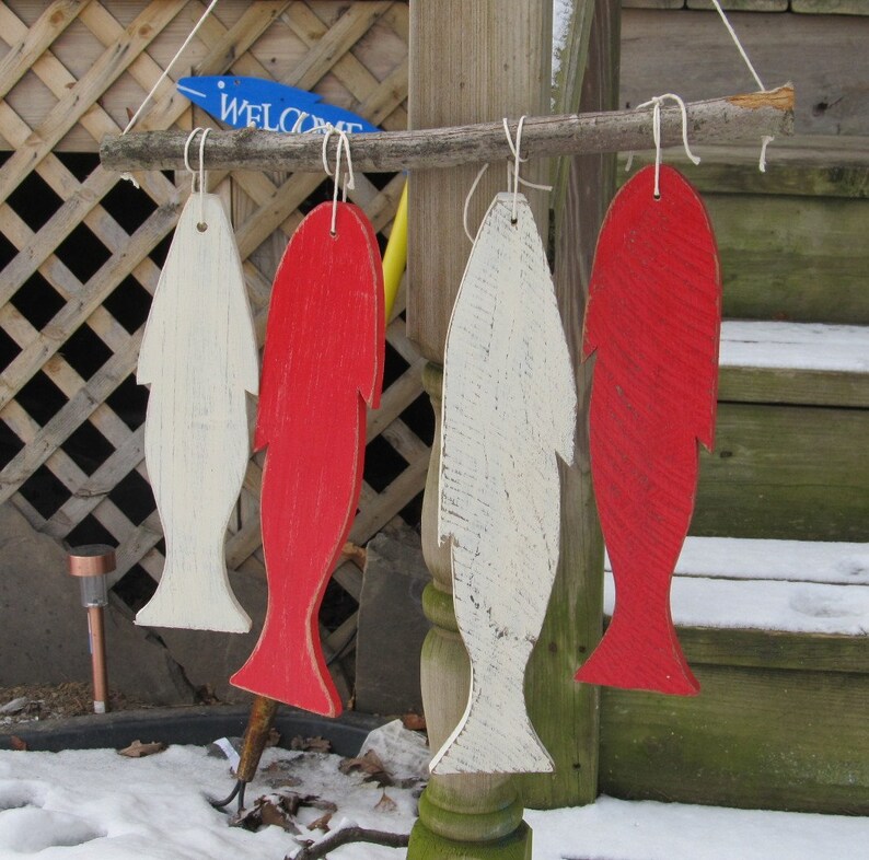 Wood Fence Fish Wall Hanging. Rustic Lake Home Decor. Fishing cabin Decor. Lake House Decor. Red and White Fish Wall Hanging. image 2