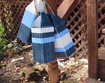 Set of 3 Handmade Distressed Nautical Lobster Buoys: Navy, Blue, and White