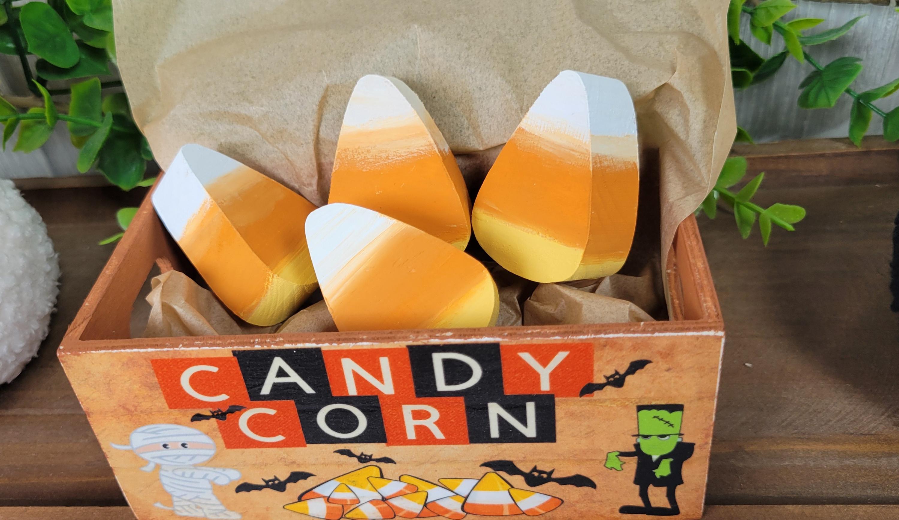 Small Halloween Candy Corn Wooden Crate Decoration. Festive Halloween