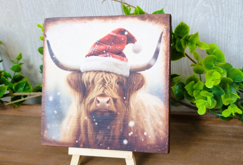 May include: A Highland cow wearing a red and white plaid Santa hat with a white fur trim. The cow is standing in a snowy field.