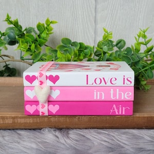 May include: Three pink and white decorative books stacked on a wooden surface. The top book has the text "Love is in the Air" on the front. The books are decorated with pink hearts.