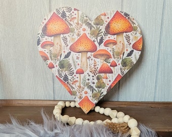 10-inch  Cottage Core Decoupage Mushroom Wood Heart. Fairycore Witchy Mushroom Heart Foliage Plaque Wall Decor. Woodland Shelf Decor.