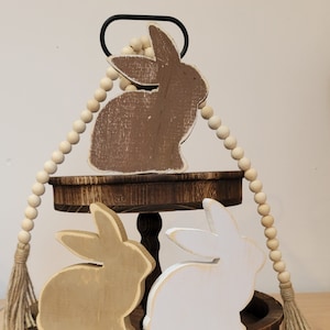 Handmade Rustic Wooden Easter Bunnies: Tiered Tray Decor