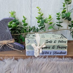 May include: A stack of three decorative books with a witch theme. The books are titled "Spells & Potions", "Herbs & Poisons", and "Witch's Handbook". A wooden witch hat with a spiderweb design sits on a shelf in front of the books.