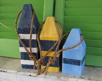 3 Piece Wooden Buoy Set. Painted Buoy Home Decor. Nautical Home Decor. Beach House Decor. Lobster Buoys. Navy Light Blue Gold and White.