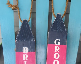 12" Bride and Groom Wood Buoys. Handpainted Custom Wood Buoys. Nautical Wedding Decor. Beach Wedding Decor. Nautical Sweetheart Table Decor