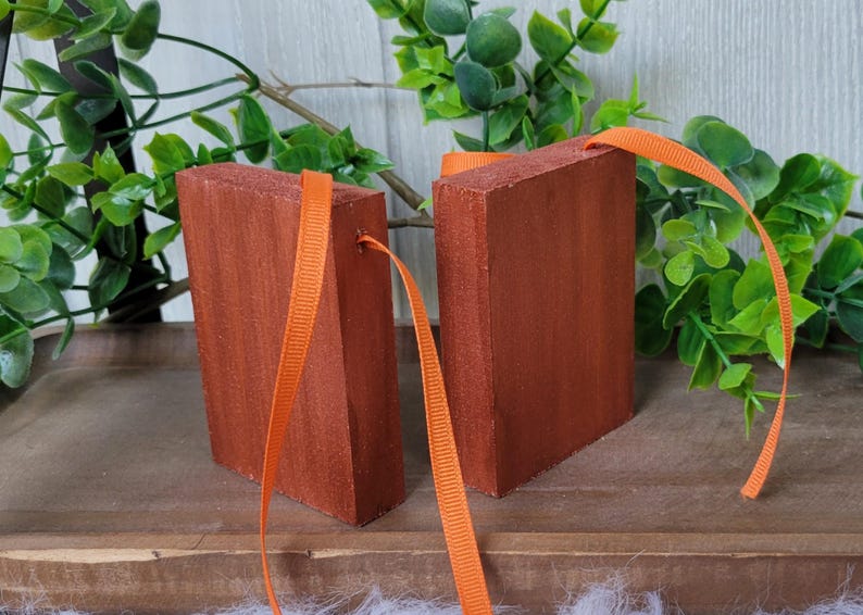 May include: Two rectangular wooden blocks with a reddish-brown stain, each with a bright orange ribbon attached. The blocks are displayed on a wooden surface with green foliage in the background. The blocks are likely decorative items.