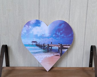 12" Decoupage Wood Heart. Retro-style Pier on the Ocean. Retro Beach Wall Art. Grainy Photo Wall Hanging. Beach Wall Decor