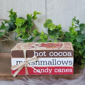 May include: A stack of three decorative wooden blocks tied with a ribbon. The blocks are brown, white, and red, with the words "hot cocoa," "marshmallows," and "candy canes" printed on them. Green foliage is in the background.