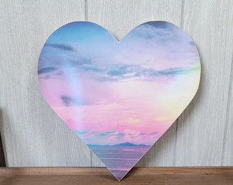 12" Decoupage Wood Heart. Retro-style pink Sunset Over Water. Retro Beach Wall Art. Grainy Photo Wall Hanging. Sunset Wall Decor