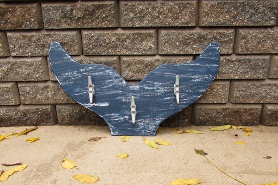 26 Navy and White Distressed Whale Tail Towel Rack. Handpainted