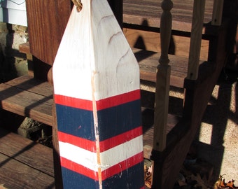 Navy Red and white Wooden Buoy. 12" Painted Buoy. Lake Decor. Beach Decor. Nautical Nursery Decor. Wood Lobster Float. Nantucket Decor.