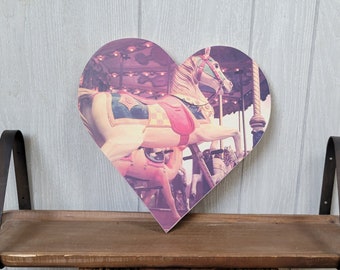 12" Carousel Horse Decoupage Wood Heart. Retro-style Wall Art. Amusement Park Wall Hanging.