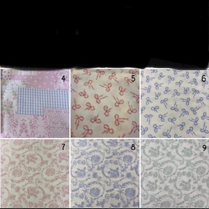 May include: A collection of six fabric swatches labelled 4 through 9. Swatch 4 features a pink and blue patchwork design. Swatch 5 has red bows on a cream background. Swatch 6 displays blue bows. Swatches 7, 8, and 9 show floral patterns in pink, blue, and green.