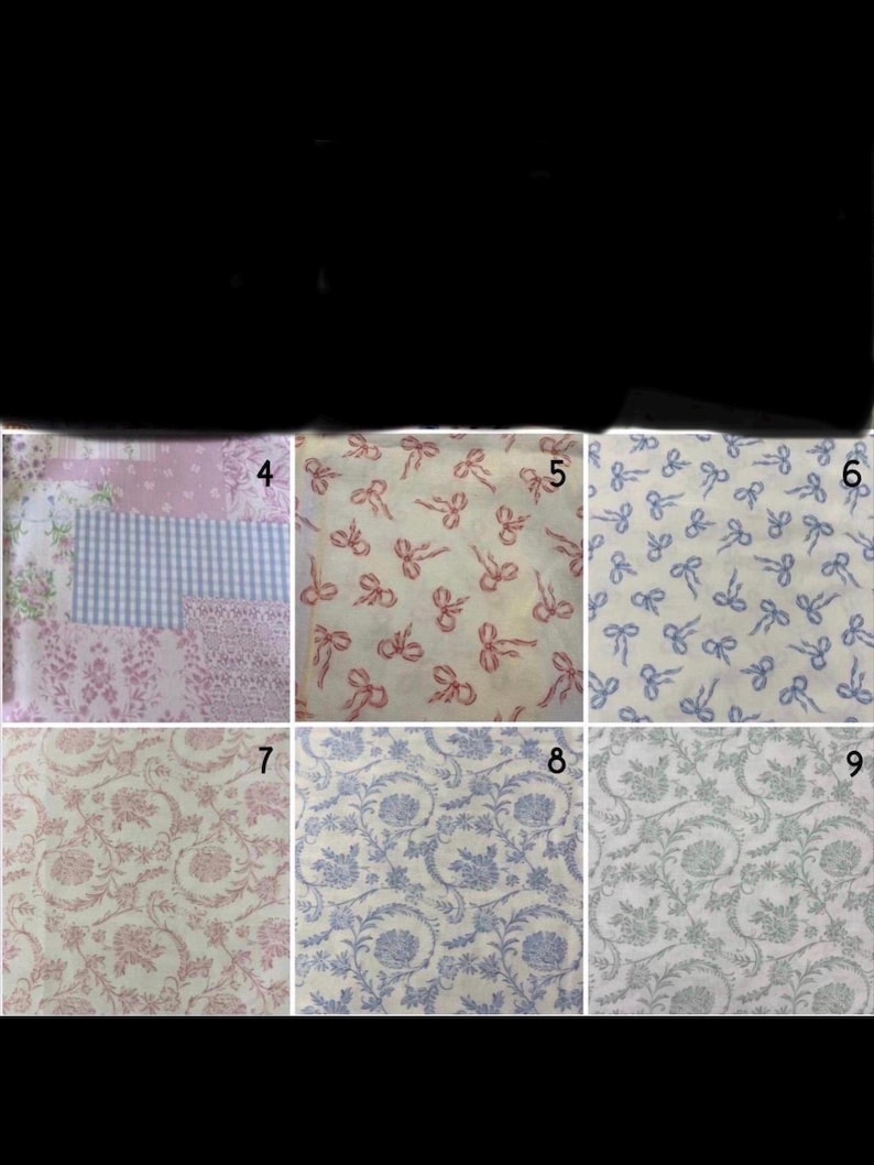 May include: A collection of six fabric swatches labelled 4 through 9. Swatch 4 features a pink and blue patchwork design. Swatch 5 has red bows on a cream background. Swatch 6 displays blue bows. Swatches 7, 8, and 9 show floral patterns in pink, blue, and green.