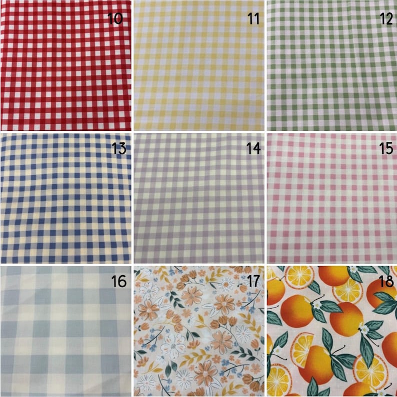 May include: A grid of nine fabric swatches labelled 10 through 18. Patterns include red, yellow, green, blue, grey, pink, and light blue gingham checks, a floral print with orange and white flowers, and an orange fruit print with green leaves.