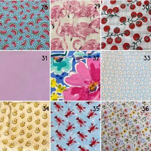 May include: A grid of nine fabric swatches labelled 28 through 36. Patterns include watermelon slices on blue, pink flamingos, red tomatoes on a grid, solid lavender, large pink flowers, small white daisies, yellow rubber ducks, red lobsters, and floral prints.