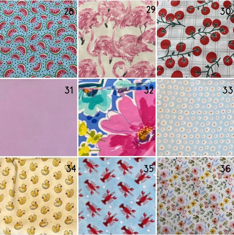 May include: A grid of nine fabric swatches labelled 28 through 36. Patterns include watermelon slices on blue, pink flamingos, red tomatoes on a grid, solid lavender, large pink flowers, small white daisies, yellow rubber ducks, red lobsters, and floral prints.