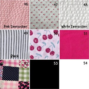 May include: A grid of nine fabric swatches labelled 46 through 54. Patterns include pink seersucker, white seersucker, black and white stripes, cherry prints, solid hot pink, solid black, solid white, and a multi-patterned floral and gingham patchwork.