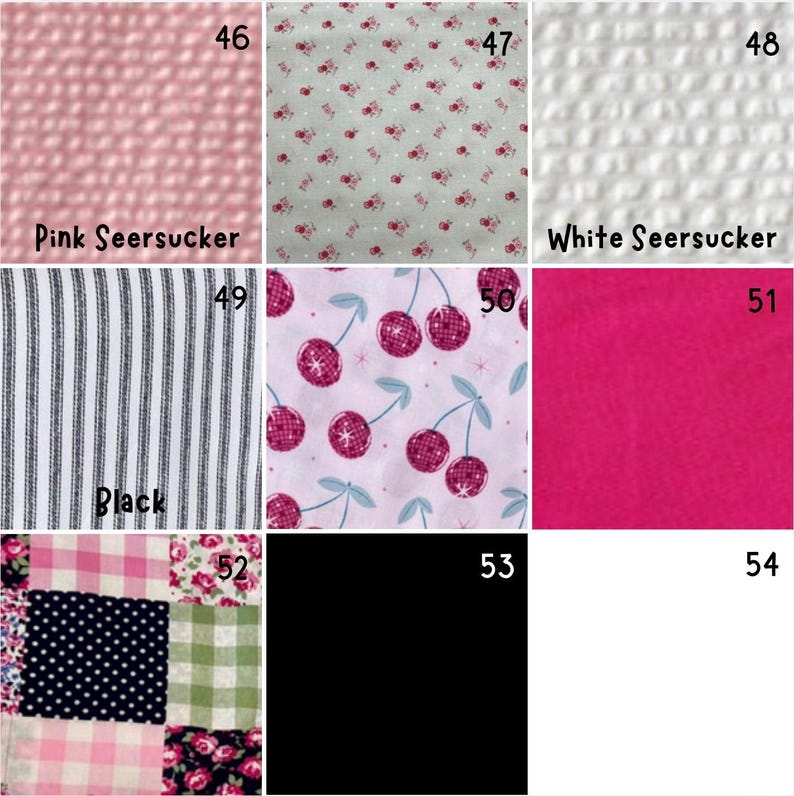 May include: A grid of nine fabric swatches labelled 46 through 54. Patterns include pink seersucker, white seersucker, black and white stripes, cherry prints, solid hot pink, solid black, solid white, and a multi-patterned floral and gingham patchwork.