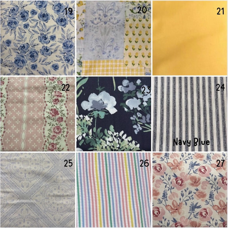 May include: A grid of nine fabric swatches labelled 19 through 27. Patterns include blue roses on white, patchwork prints, solid yellow, pink floral stripes, dark navy floral, navy blue ticking stripes, light blue geometric, and pastel stripes.